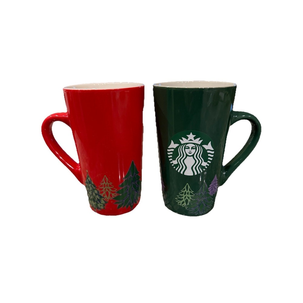 2020 Starbucks Christmas‎ Mug 16 oz Set of 2 Coffee Cup Tall Red Green Trees